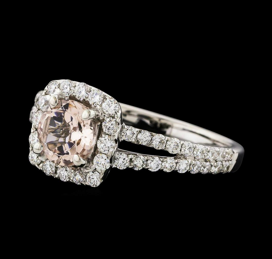 0.80 ctw Morganite and Diamond Ring - 18KT White Gold: One Morganite and Diamond Ring featuring: 18KT White Gold with a total weight of 3.84 grams, Morganite with a total weight of 0.80ct, and side diamonds with a total weight of 0.76ctw.