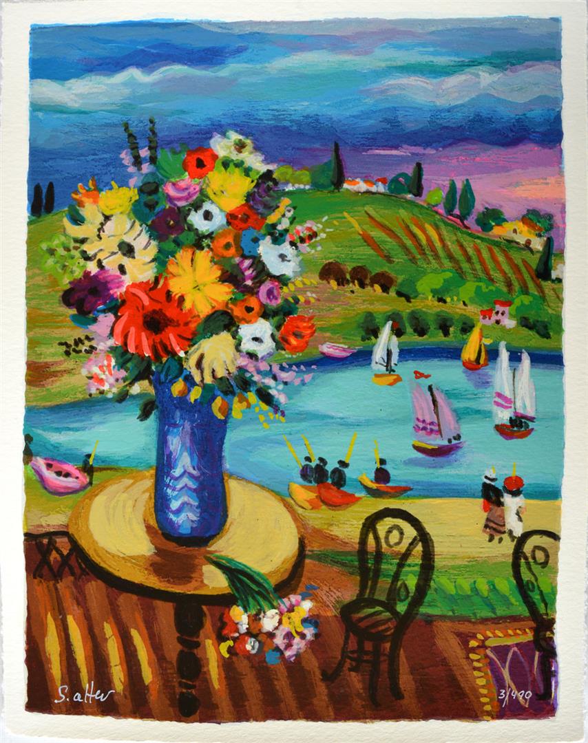 Shlomo Alter Flowers on the Table: Artist: Shlomo Alter - Title: Flowers on the Table - Medium: Serigraph on Fine Art Paper - Signature: Hand-signed by the Artist - Limited Edition: 490 - Paper Size: Approximately 12.5 inches x 10 inch