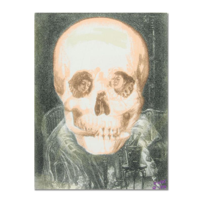 Gothic Skull (Dali) by "Ringo" Daniel Funes: "Gothic Skull (Dali Homage)" is a one-of-a-kind hand-pulled silkscreen and mixed media painting on canvas by Ringo (Daniel Funes) - protege of Andy Warhol's apprentice, Steve Kaufman. This piece is ha