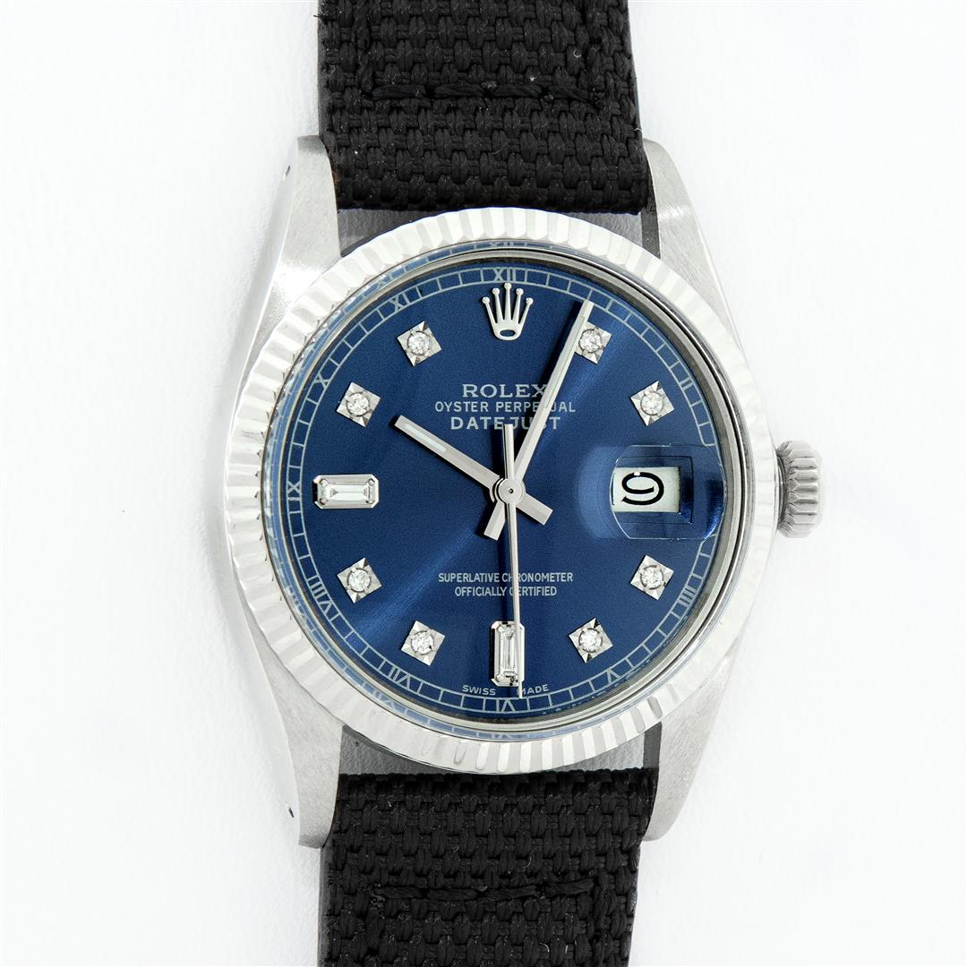 Rolex Mens Stainless Steel Blue Diamond 36MM Datejust: One Mens Stainless Steel Rolex Datejust Polished Bright with Satin Finish, This Watch Has Been Serviced & Electronically Tested, Stainless Steel Case: 36mm, Stainless Steel Crown, Bezel: 14K White Gol
