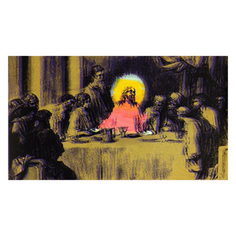 Last Supper by Steve Kaufman (1960-2010): "Last Supper" is a limited edition hand painted silkscreen on canvas by Andy Warhol protege Steve Kaufman (1960-2010). This piece is numbered 7/200 and hand signed inverso. Includes Certificate of Aut