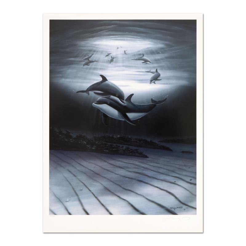 Dolphin Affection by Wyland: "Dolphin Affection" is a limited edition lithograph on paper by Wyland, numbered and hand signed by the artist. Includes Certificate of Authenticity. Measures approx. 18.5" x 26" (border), 16" x 21.5"