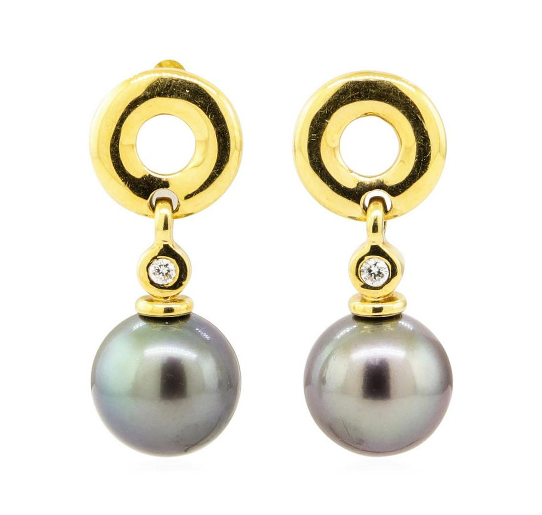 0.08 ctw Diamond and Black Tahitian Pearl Earrings -: One pair of pearl earrings with a dangle of 29 millimeters featuring: 18KT yellow gold weighing 9.2 grams containing two black Tahitian pearls measuring 11.0 millimeters in diameter.