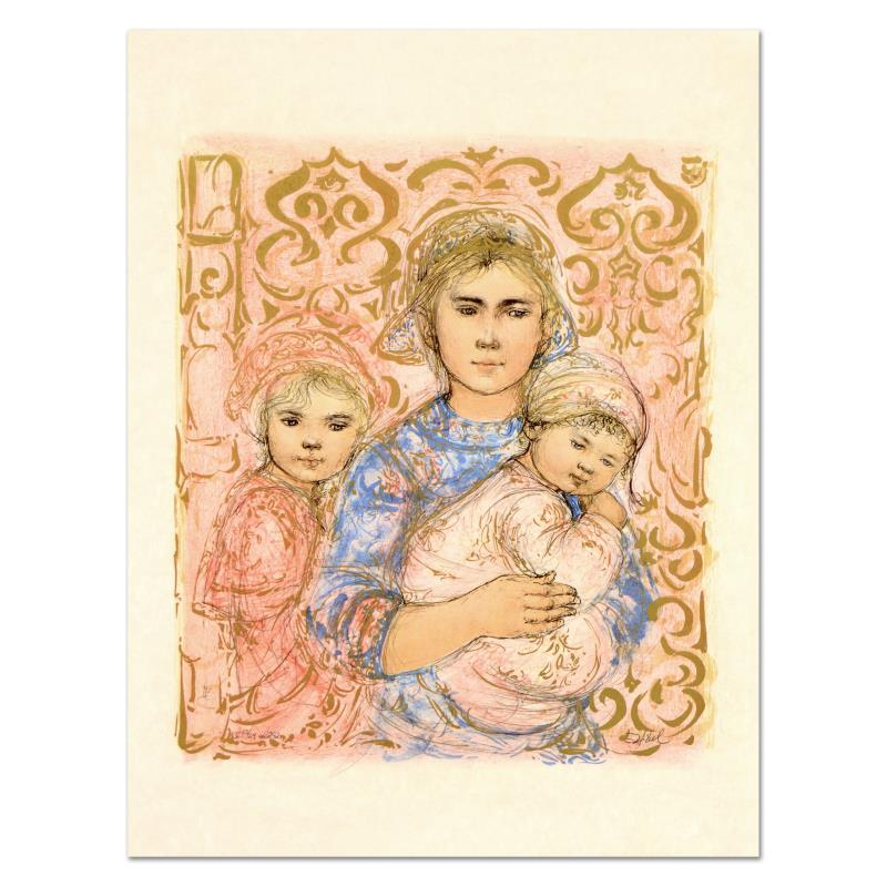 Jenet, Mary and Wee Jenet by Hibel (1917-2014): "Jenet, Mary and Wee Jenet" is a limited edition lithograph on rice paper by Edna Hibel (1917-2014), numbered and hand signed by the artist. Includes Certificate of Authenticity. Measures approx. 19.5