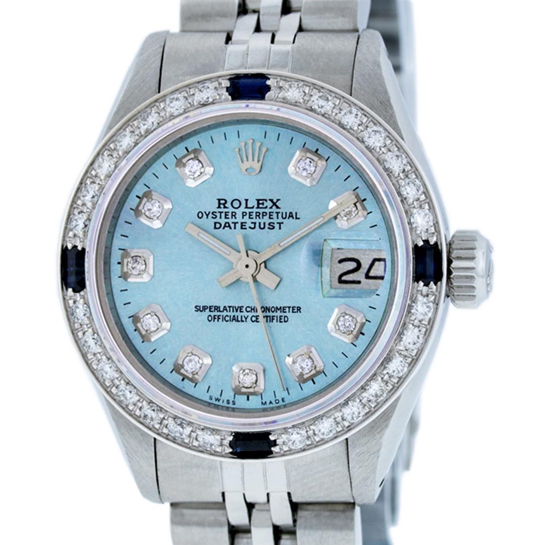 Rolex Ladies Stainless Steel Sky Blue Diamond &: One Ladies Stainless Steel Rolex Datejust Polished Bright with Satin Finish, Serviced & Electronically Tested, Stainless Steel Case: 26mm, Stainless Steel Crown, Custom Bezel: New 18K White Gold Sapph