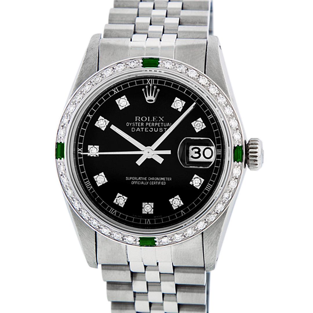 Rolex Mens Stainless Steel Black Diamond & Emerald: One Mens Stainless Steel Rolex Datejust Polished, Serviced & Electronically Tested, Stainless Steel Case: 36mm, Stainless Steel Crown, Custom Bezel: New 18K White Gold Emerald Beadset Diamond Bezel, D