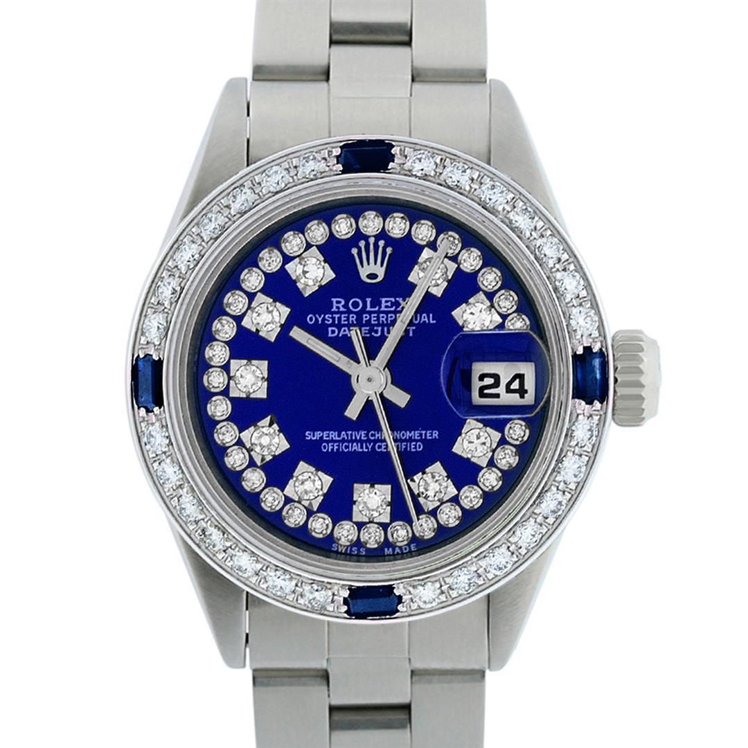 Rolex Ladies Stainless Steel Blue Diamond & Sapphire: One Ladies Stainless Steel Rolex Datejust Polished Bright with Satin Finish, Serviced & Electronically Tested, Stainless Steel Case: 26mm, Stainless Steel Crown. Custom Bezel: New 18K White Gold Beads