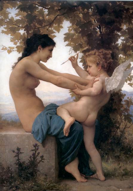 William Bouguereau - A Young Girl Defending Herself: Artist: William Bouguereau Title: A Young Girl Defending Herself Against Eros Medium: Fine Art Reproduction Giclee on Canvas Image Size: Approximately 20 inches x 14 inches Framed: Unframed on Unstret