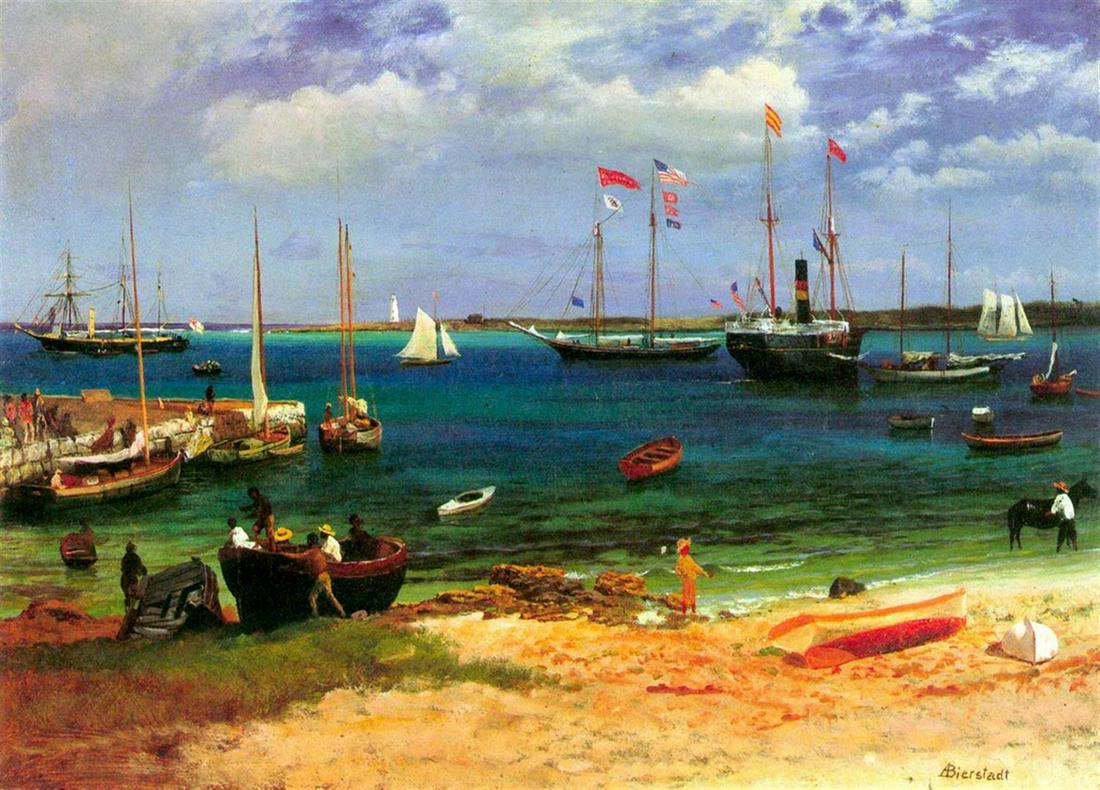 Nassau Port by Albert Bierstadt: Artist: Albert Bierstadt - Title: Nassau Port - Medium: Fine Art Giclee on Canvas - Image Size: Approximately 14.25 inches x 20 inches - Framed: Unframed on Unstretched Canvas - Biography: Bierstadt b