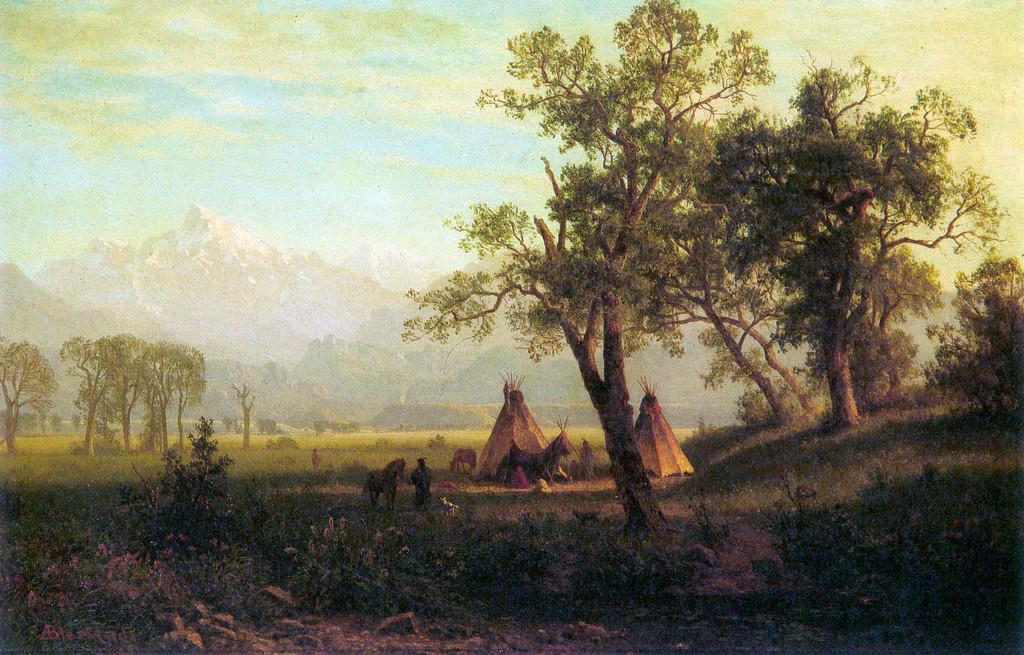 Wind River Mountains in Nebraska by Albert Bierstadt: Artist: Albert Bierstadt - Title: Wind River Mountains in Nebraska - Medium: Fine Art Giclee on Canvas - Image Size: Approximately 12.75 inches x 20 inches - Framed: Unframed on Unstretched Canvas - B