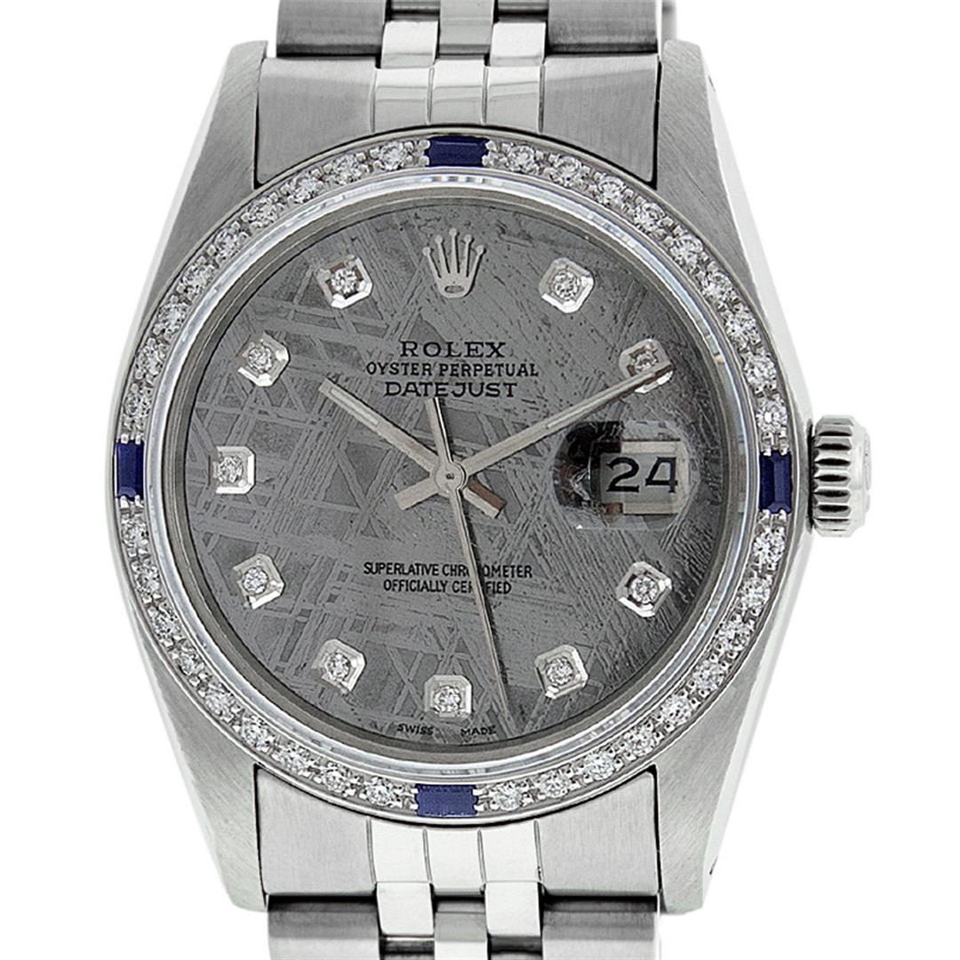 Rolex Mens Stainless Steel Meteorite Diamond And: One Mens Stainless Steel Rolex Datejust Polished, Serviced & Electronically Tested, Stainless Steel Case: 36mm, Stainless Steel Crown, Custom Bezel: New 18K White Gold Sapphire Beadset Diamond Bezel,