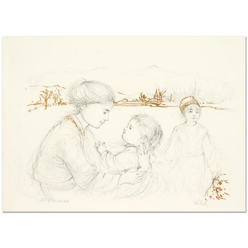 Playful Mother and Baby by Hibel (1917-2014): "Playful Mother and Baby" is a limited edition lithograph on paper with remarque by Edna Hibel (1917-2014), numbered and hand signed by the artist. Includes Certificate of Authenticity. Measures appro