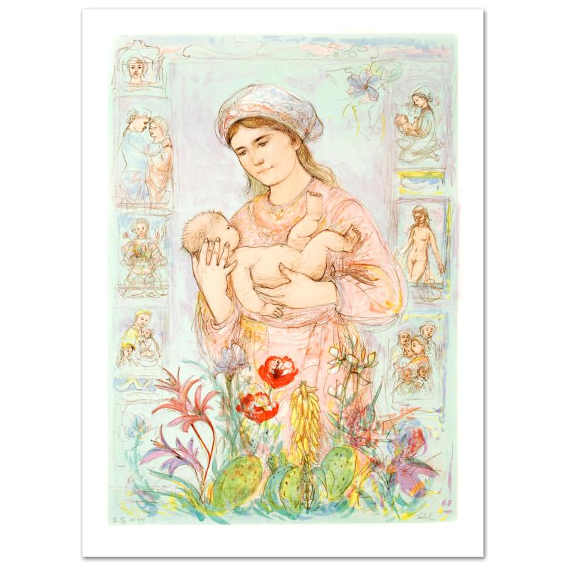 Raquela by Hibel (1917-2014): "Raquela" is a limited edition lithograph on paper, numbered and hand signed by Edna Hibel (1917-2014). Includes Certificate of Authenticity! Measures approx. 27" x 37.5" (with border), 23" x 33" (ima