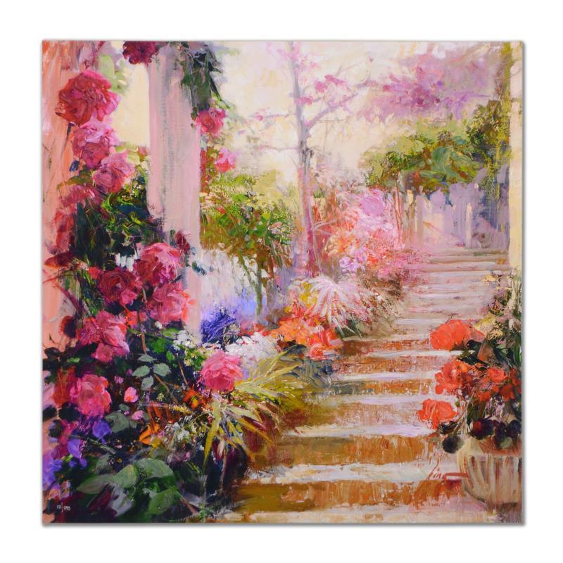 Rose Garden Steps by Pino (1939-2010): "Rose Garden Steps" is a limited edition giclee on stretched canvas that has been hand-embellished by Pino himself, Numbered and Hand signed by Pino (1939-2010). Includes Certificate of Authenticity.