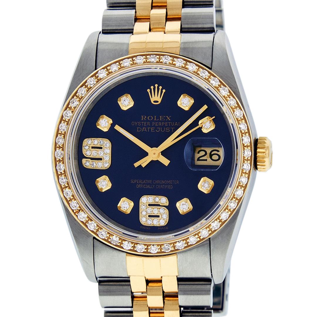 Rolex Mens 2 Tone 14K Blue Diamond 36MM Datejust: One Mens 14K Yellow Gold Two Tone Rolex Datejust Polished, Serviced & Electronically Tested, 14K Yellow Gold & Stainless Steel Case: 36mm, 14K Yellow Gold Crown, Custom Bezel: New 18K Yellow Gold Bead