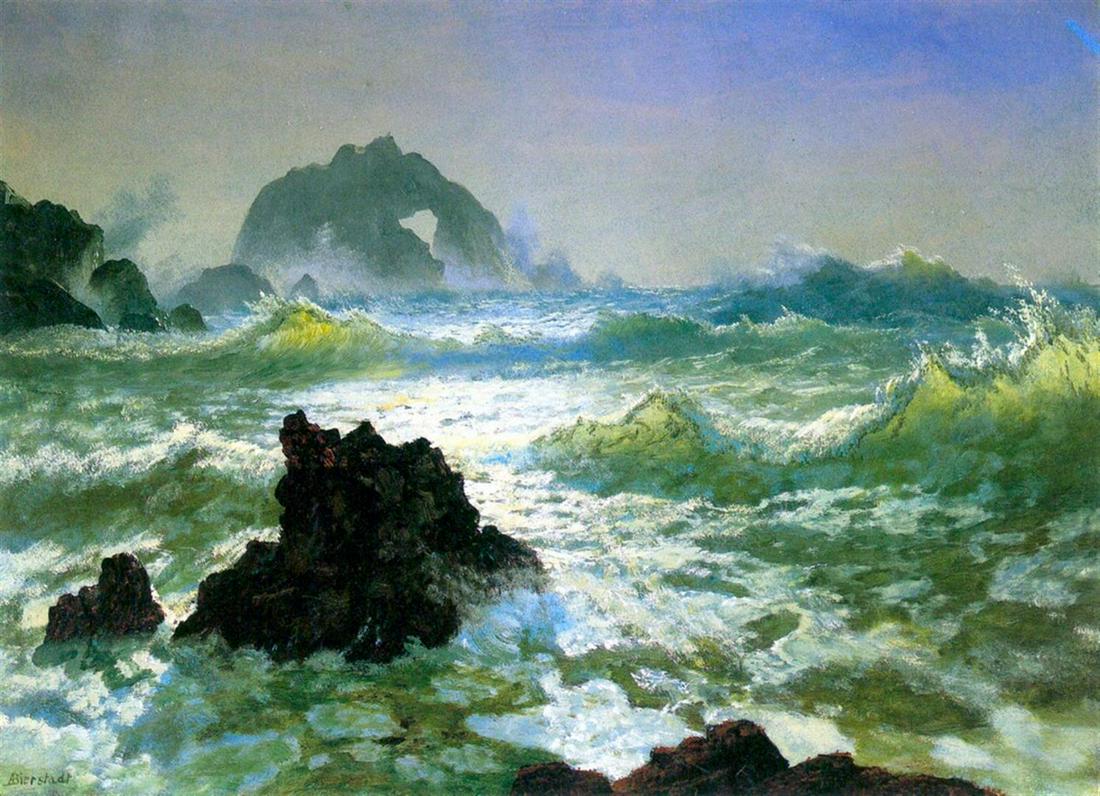 Seal Rock 2 by Albert Bierstadt: Artist: Albert Bierstadt - Title: Sea Rocks 2 - Medium: Fine Art Giclee on Canvas - Image Size: Approximately 14.5 inches x 20 inches - Framed: Unframed on Unstretched Canvas - Biography: Bierstadt be