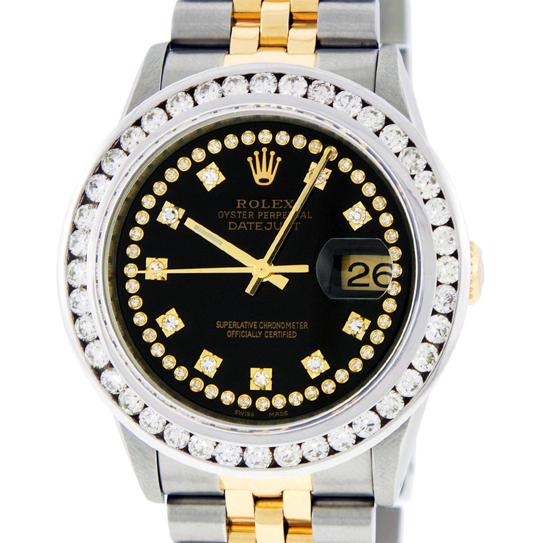 Rolex Mens 2 Tone Black String VS 3CTW Channel Set: One Mens 14K Yellow Gold Rolex Datejust Polished Bright with Satin Finish, Serviced & Electronically Tested, Stainless Steel Case: 36mm, Yellow Gold Crown, Custom Bezel: New 18K White Gold 3ct Channel