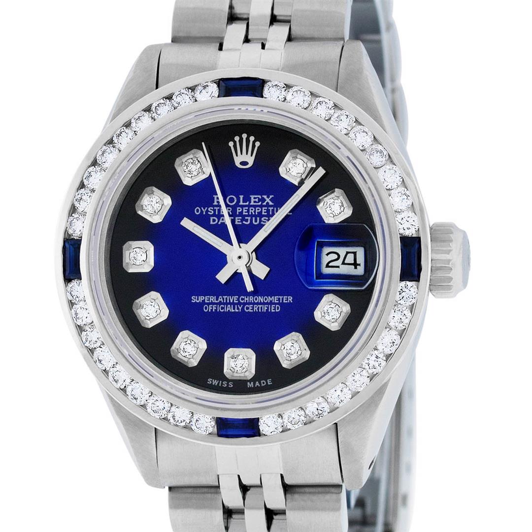 Rolex Ladies Stainless Steel Blue Vignette Diamond &: One Ladies Stainless Steel Rolex Datejust Polished Bright with Satin Finish, Serviced & Electronically Tested, Stainless Steel Case: 26mm, Stainless Steel Crown, Custom Bezel: New 18K White Gold Sapph