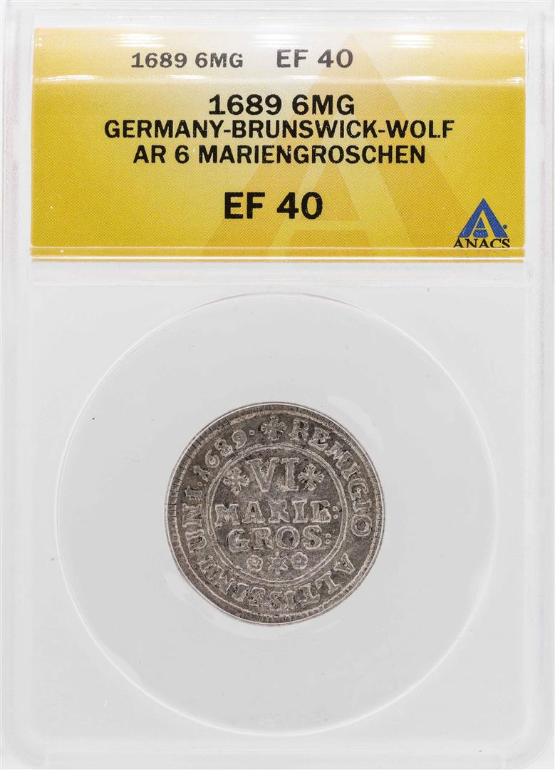 1689 Germany-Brunswick-Wolf 6 Mariengroschen Silver: One 1689 Germany-Brunswick-Wolf 6 Mariengroschen Silver Coin ANACS XF40. ANACS Appraised.