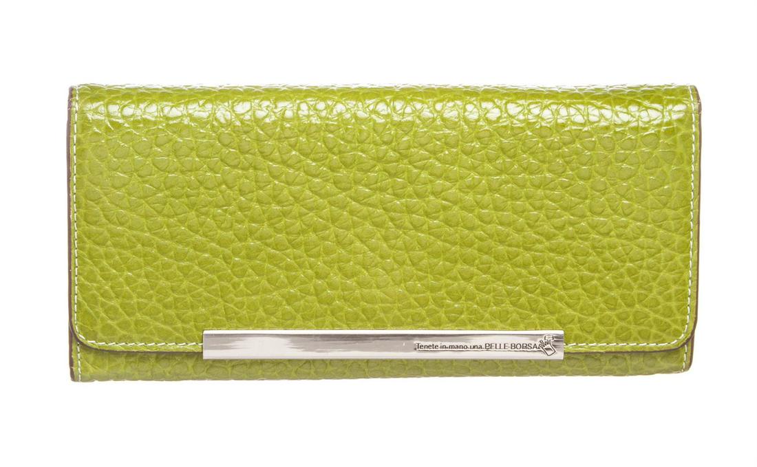 Pelle Borsa Green Pebbled Leather Long Wallet: One Pelle Borsa Green Pebbled Leather Long Wallet. Crafted out of green pebbled leather, silver tone hardware, and flap snap closure. Inner eight card slot, brown fabric lining, bill slip pockets, and