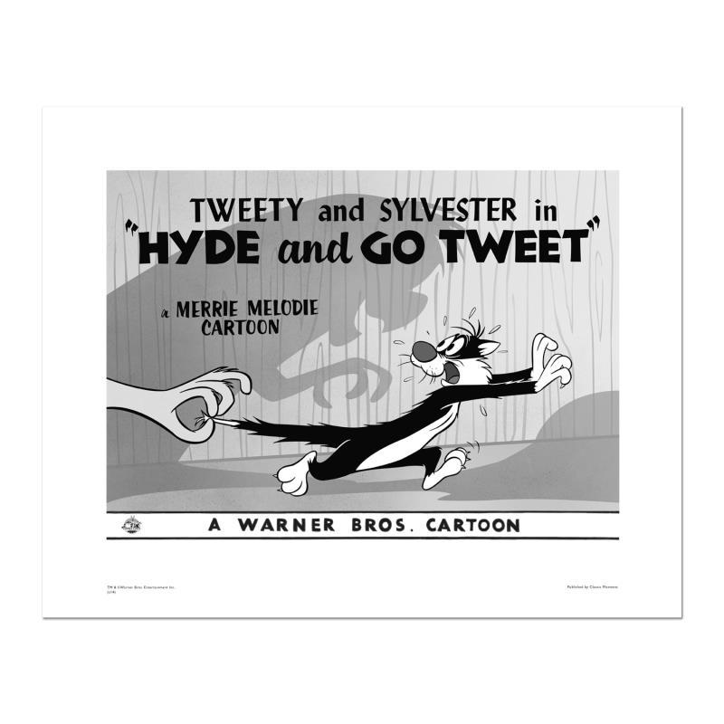 Hyde and Go Tweet - Tail by Looney Tunes: "Hyde and Go Tweet - Tail" is a limited edition giclee on paper from Warner Bros. featuring iconic Looney Tunes characters. The art was taken from an original Lobby Card used to promote "Hyde and Go T