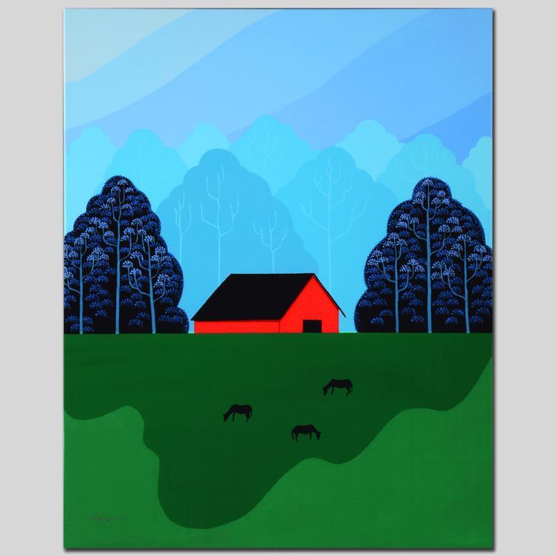 New England Barn by Holt, Larissa: Larissa Holt, a student of distinguished artist Eyvind Earle(1916-2000), uses bold colors and breathtaking scenery to create images of Nature in her own unique style. "New England Barn" is a limited e