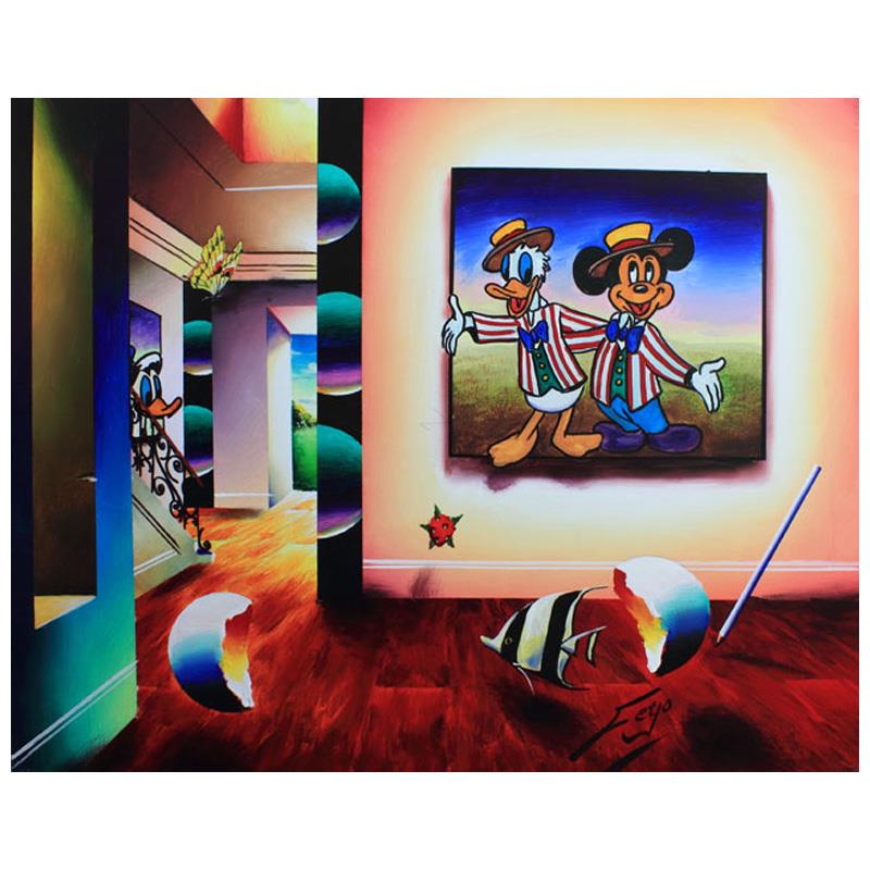 Mickey and Donald Barbershop Duet by Ferjo Original: " Mickey and Donald Barbershop Duet" is an original painting, oil on canvas, by Ferjo. Hand signed by the artist, this piece comes with a letter of authenticity. Measures approx. 24" x 30" (image).