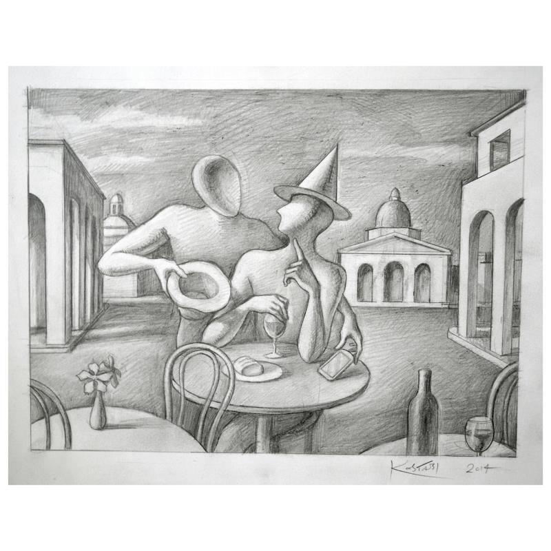 Metaphysical Distraction by Kostabi Original: "Metaphysical Distraction" is an original artwork, pencil on paper, by Mark Kostabi. The piece is hand signed and comes with a certificate of authenticity. Measures approximately 15" x 11".