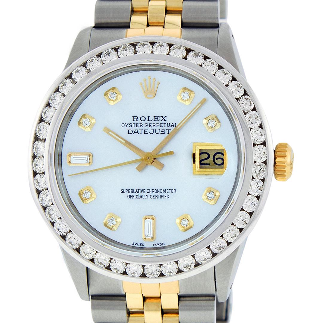 Rolex Mens 2 Tone MOP 3 ctw Channel Set Diamond: One Mens 14K Yellow Gold Rolex Datejust Polished Bright with Satin Finish, Serviced & Electronically Tested, Stainless Steel Case: 36mm, Yellow Gold Crown, Custom Bezel: New 18K Yellow Gold 3ct Channe