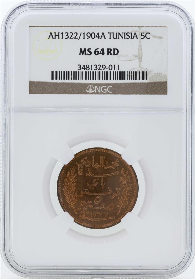 AH1322/1904A Tunisia 5 Centimes Coin NGC MS64RD: One AH1322/1904A Tunisia 5 Centimes Coin NGC MS64RD. NGC Certified.