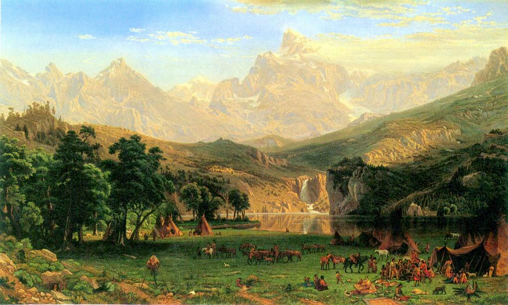 Rocky Mountains at Landers Peak by Albert Bierstadt: Artist: Albert Bierstadt - Title: Rocky Mountains at Landers Peak - Medium: Fine Art Giclee on Canvas - Image Size: Approximately 12 inches x 20 inches - Framed: Unframed on Unstretched Canvas - Biogr