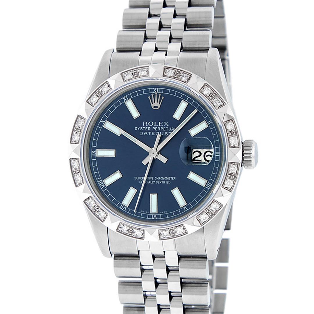 Rolex Mens Stainless Steel 36MM Blue Index Diamond: One Mens Stainless Steel Rolex Datejust Polished Bright with Satin Finish, Serviced & Electronically Tested, Stainless Steel Case: 36mm, Stainless Steel Crown, Custom Bezel: New 18K White Gold Pyramid
