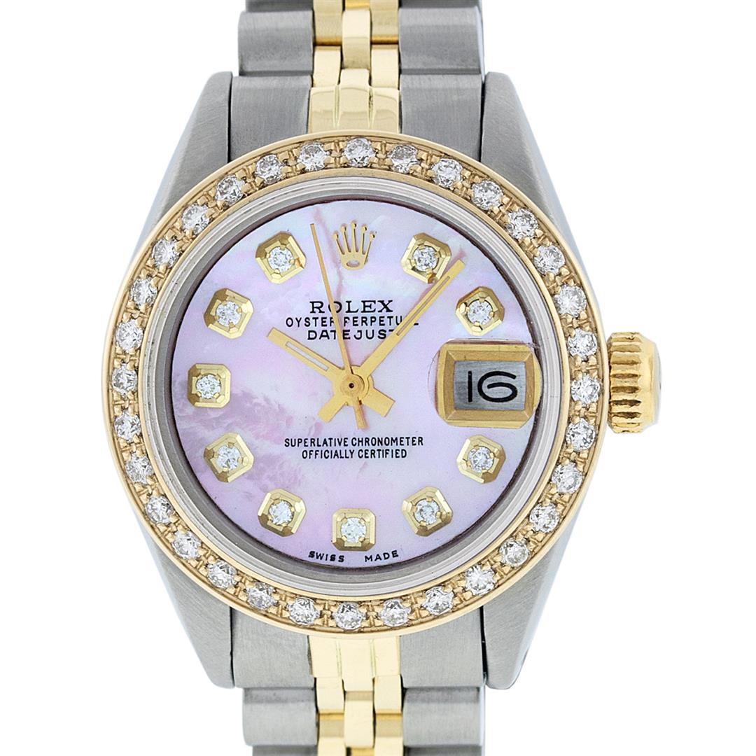 Rolex Ladies 2 Tone 14K Pink MOP Diamond Datejust: One Ladies 14K Two Tone Rolex Datejust Polished, Serviced & Electronically Tested, 14K Yellow Gold & Stainless Steel Case: 26mm, 14K Yellow Gold Crown, Custom Bezel: New 18K Yellow Gold Beadset Diamon