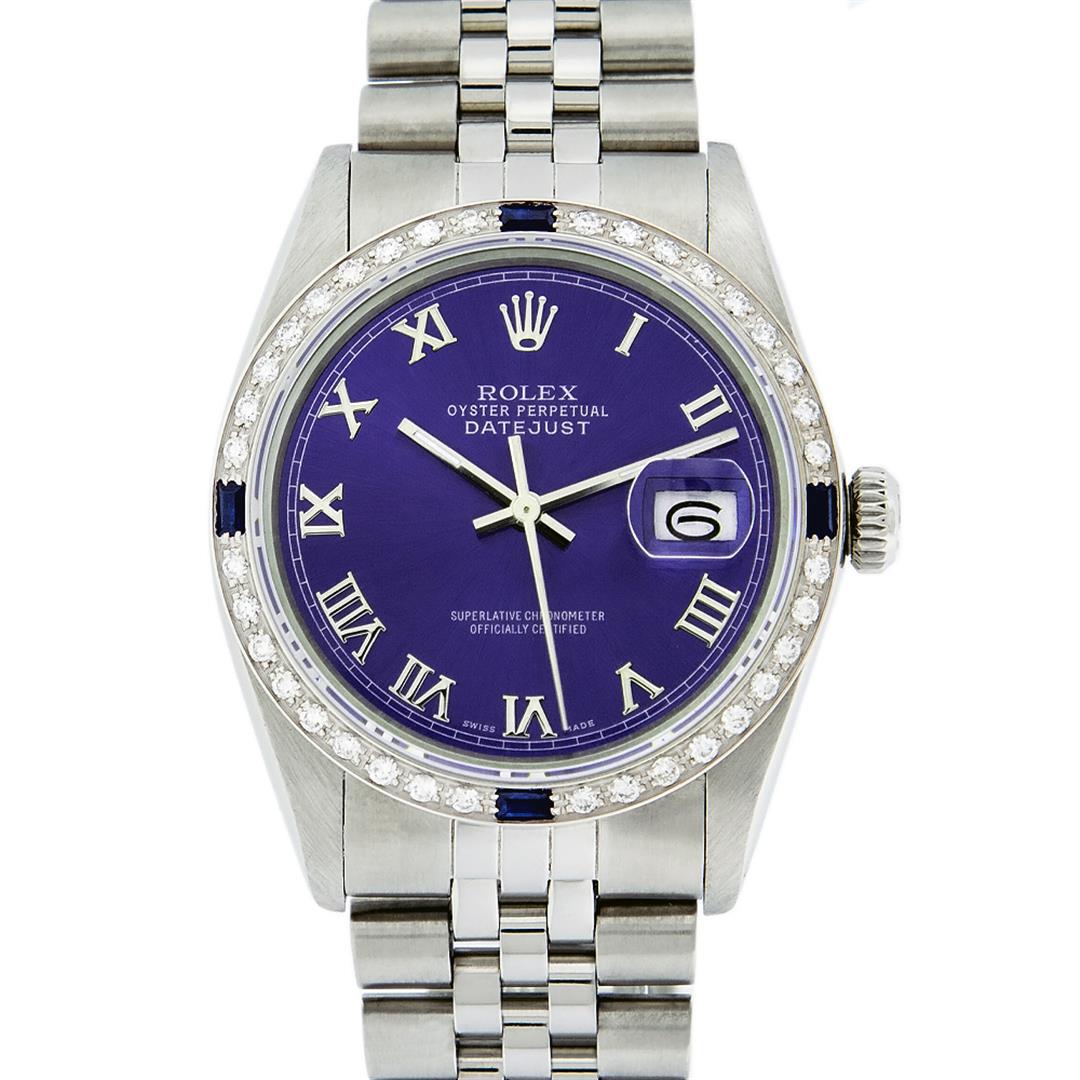 Rolex Mens Stainless Steel Purple Roman Diamond &: One Mens Stainless Steel Rolex Datejust Polished Bright with Satin Finish, This Watch Has Been Serviced & Electronically Tested, Stainless Steel Case: 36mm, Stainless Steel Crown, Custom Bezel: New 18
