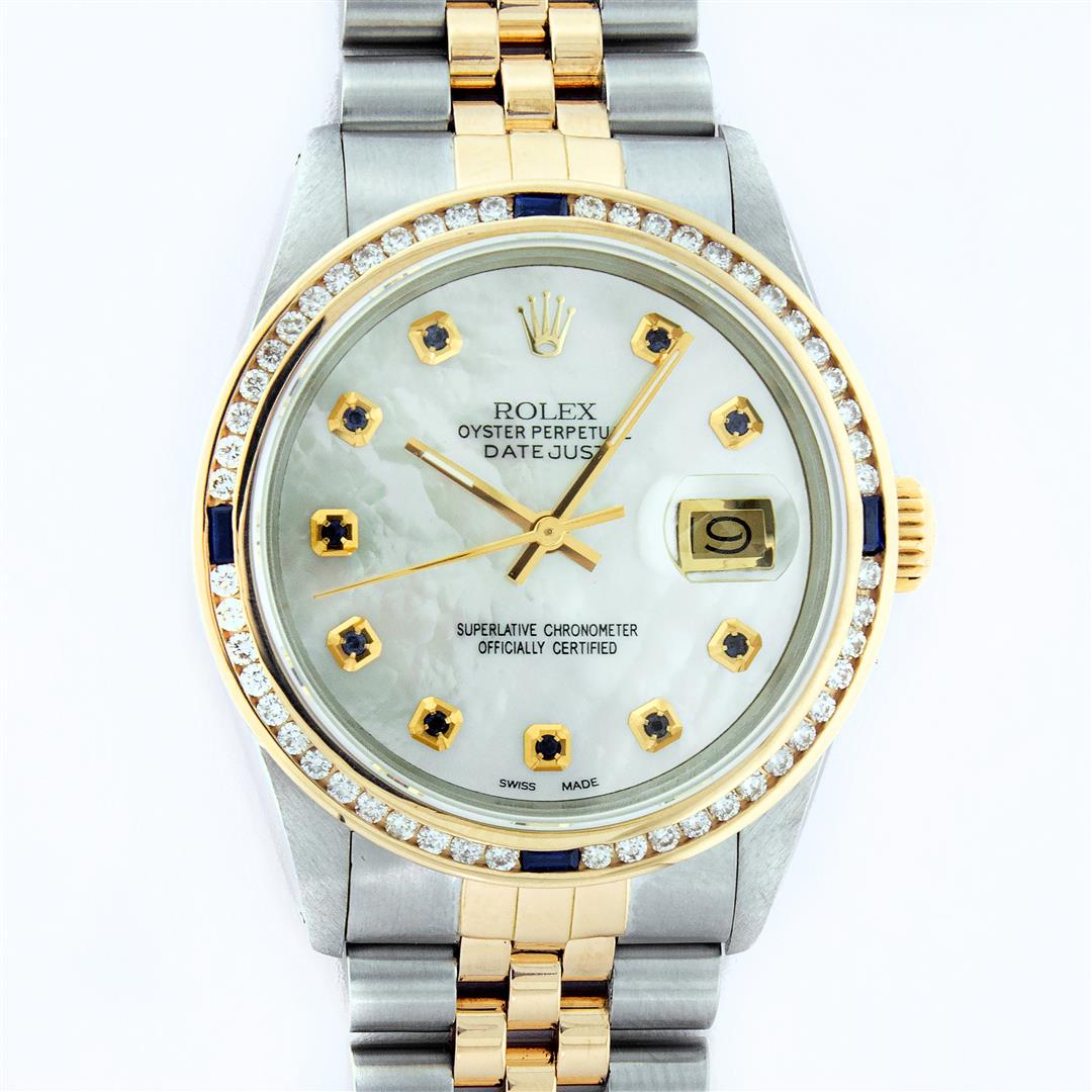 Rolex Mens 2 Tone 14K MOP Sapphire Diamond Channel Set: One Mens 14K Yellow Gold Two Tone Rolex Datejust Polished, Serviced & Electronically Tested, 14K Yellow Gold & Stainless Steel Case: 36mm, 14K Yellow Gold Crown, Custom Bezel: 18K Yellow Gold Sapphire
