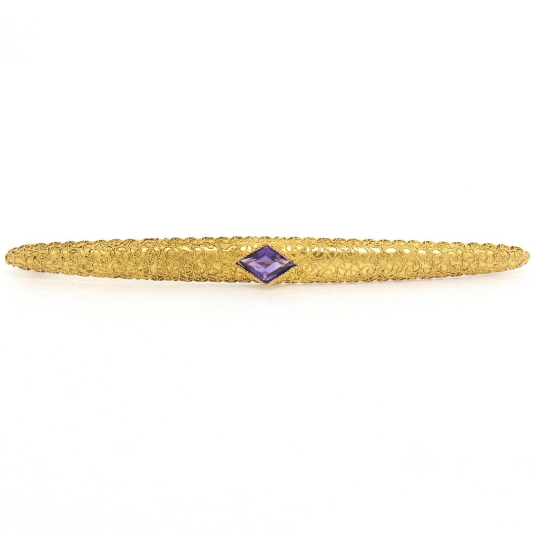 Antique Victorian 14kt Yellow Gold 0.60 ctw Amethyst: An antique Victorian era 14kt yellow gold bar pin featuring a 0.60ct lozenge step cut amethyst bezel set at its center. Measures 68.30x6.27mm and weighs a total of 3.97 grams.