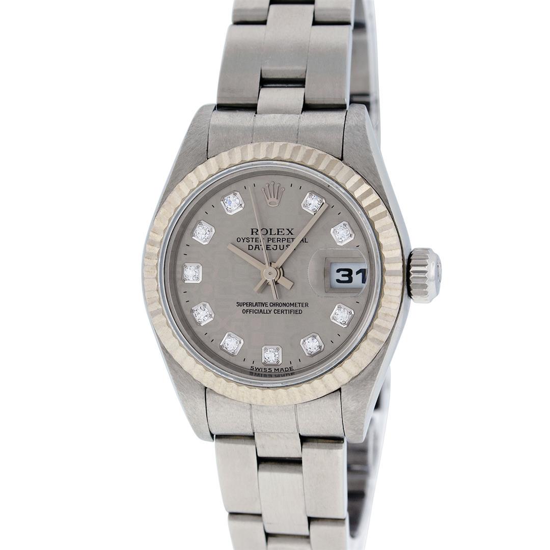 Rolex Ladies Stainless Steel Slate Grey Jubilee Diamond: One Ladies Quickset Stainless Steel Rolex Datejust Polished Bright with Satin Finish, Serviced & Electronically Tested, Stainless Steel Case: 26mm, Stainless Steel Crown, Bezel: 18K White Gold Fluted