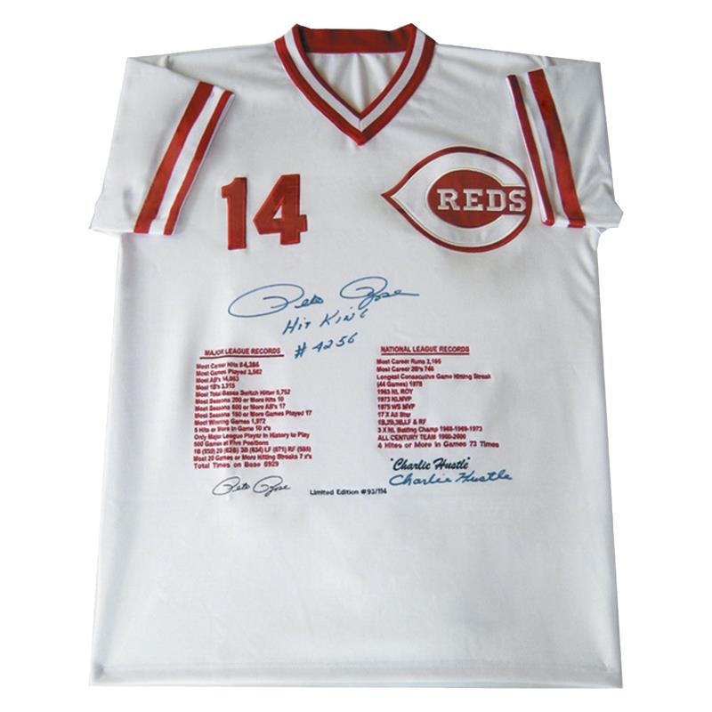 Pete Rose Stats Jersey by Rose, Pete: This baseball jersey has been hand-stitched with Pete Rose baseball stats and is autographed by Pete Rose. Includes Certificate of Authenticity. Measures approx. 46" long and 33" across.