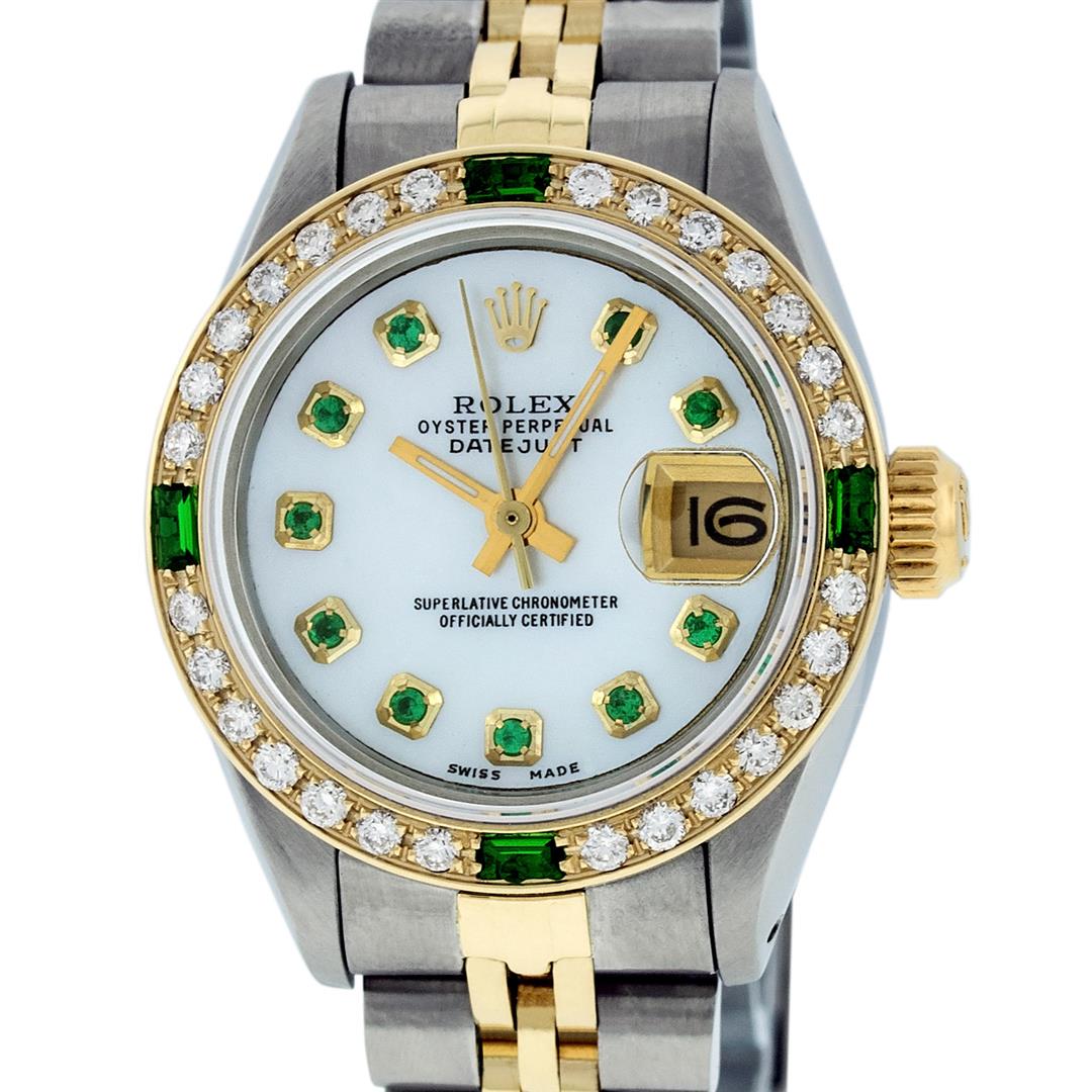 Rolex Ladies 2 Tone Mother Of Pearl & Emerald Datejust: One Ladies 14K Two Tone Rolex Datejust Polished, Serviced & Electronically Tested, 14K Yellow Gold & Stainless Steel Case: 26mm, 14K Yellow Gold Crown, Custom Bezel: New 18K Yellow Gold Emerald Beadse