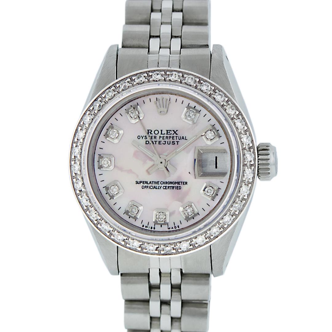 Rolex Ladies Stainless Steel Pink MOP Diamond 26MM: One Ladies Stainless Steel Rolex Datejust Polished Bright with Satin Finish, Serviced & Electronically Tested, Stainless Steel Case: 26mm, Stainless Steel Crown, Custom Bezel: New 18K White Gold Beads