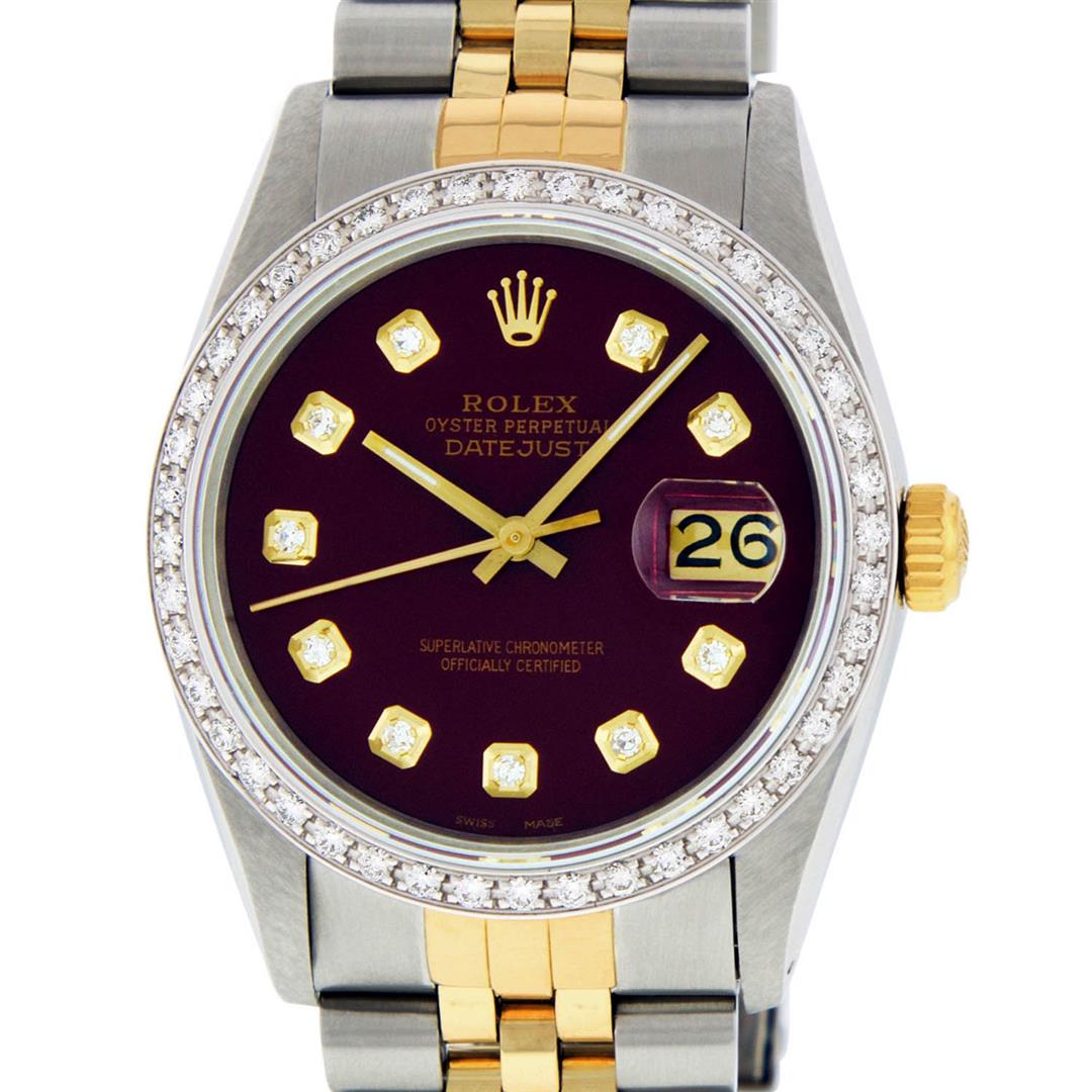Rolex Mens 2 Tone 14K Maroon Diamond 36MM Datejust: One Mens 14K Yellow Gold Two Tone Rolex Datejust Polished, Serviced & Electronically Tested, 18K Yellow Gold & Stainless Steel Case: 36mm, 18K Yellow Gold Crown, Custom Bezel: New 18K White Gold Beads