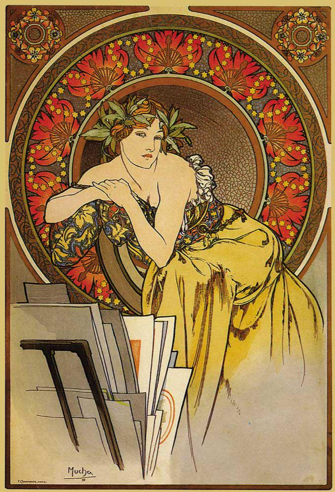Alphonse Mucha - Girl With Easel: Artist: Alphonse Mucha - Title: Girl With Easel - Medium: Fine Art Reproduction Giclee on Canvas - Image Size: Approximately 13.5 inches x 20 inches - Framed: Unframed on Unstretched Canvas - Mucha wa