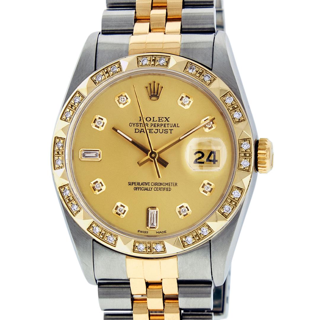Rolex Mens 2 Tone 14K Champagne Diamond Pyramid Bezel: One Mens 14K Yellow Gold Rolex Datejust Polished Bright with Satin Finish, Serviced & Electronically Tested, Stainless Steel Case: 36mm, Yellow Gold Crown, Custom Bezel: New 18K Yellow Gold Pyramid Di