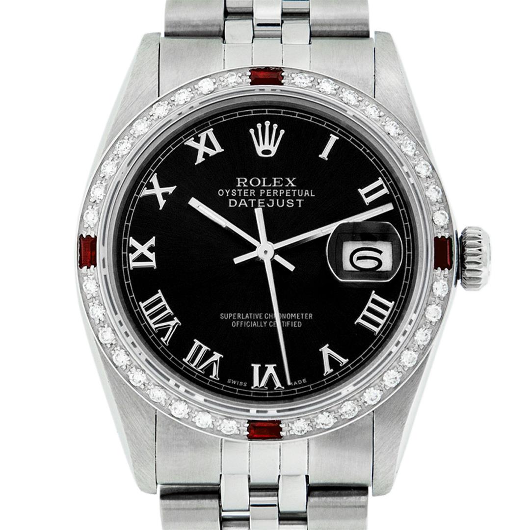 Rolex Mens Stainless Steel Silver Black Roman Diamond &: One Mens Stainless Steel Rolex Datejust Polished Bright with Satin Finish, This Watch Has Been Serviced & Electronically Tested, Stainless Steel Case: 36mm, Stainless Steel Crown, Custom Bezel: New 18