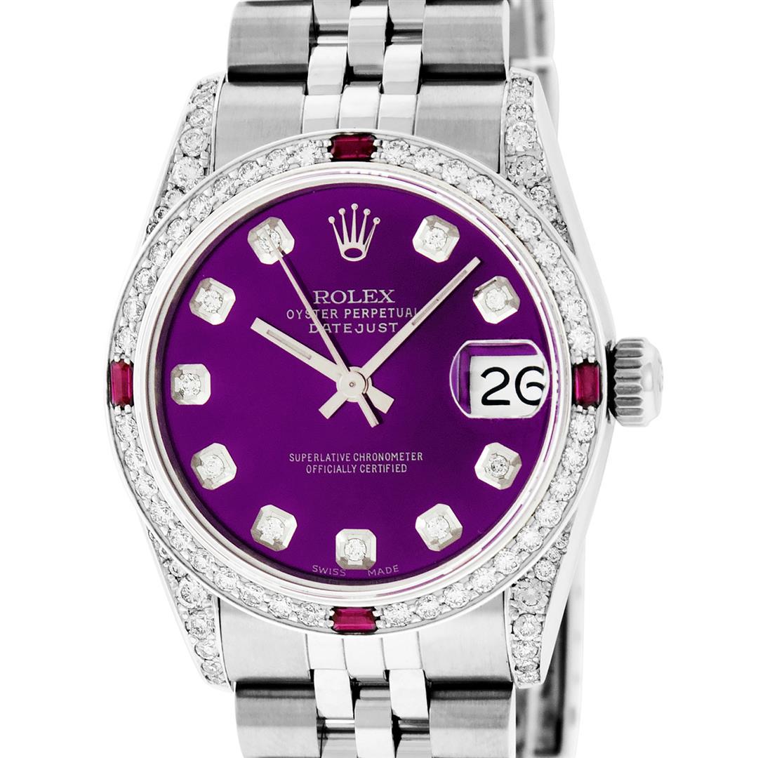 Rolex Mens Stainless Steel Diamond Lugs Purple Diamond: One Mens Rolex Datejust Polished Bright with Satin Finish, Serviced & Electronically Tested, Stainless Steel Case: 36mm, Custom Diamond Lugs: 28 Diamonds In Lugs, Color: G to H, Clarity: SI-VS. Stainl