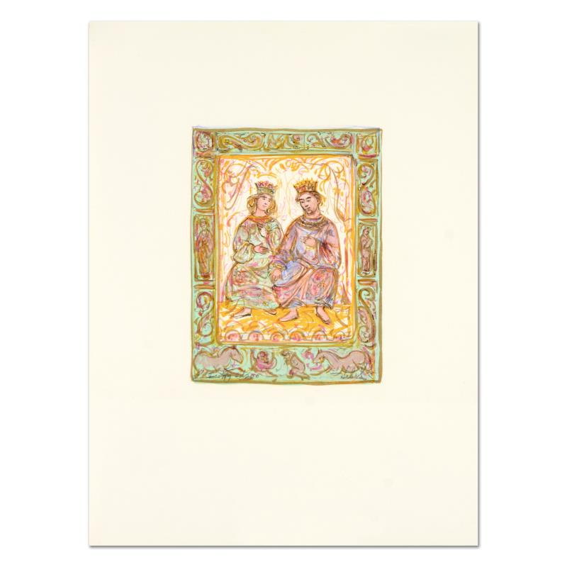 Dialogue of David and Bathsheba by Hibel (1917-2014): "Dialogue of David and Bathsheba" is a limited edition lithograph on paper with remarque by Edna Hibel (1917-2014), numbered and hand signed by the artist. Includes Certificate of Authenticity. Measur