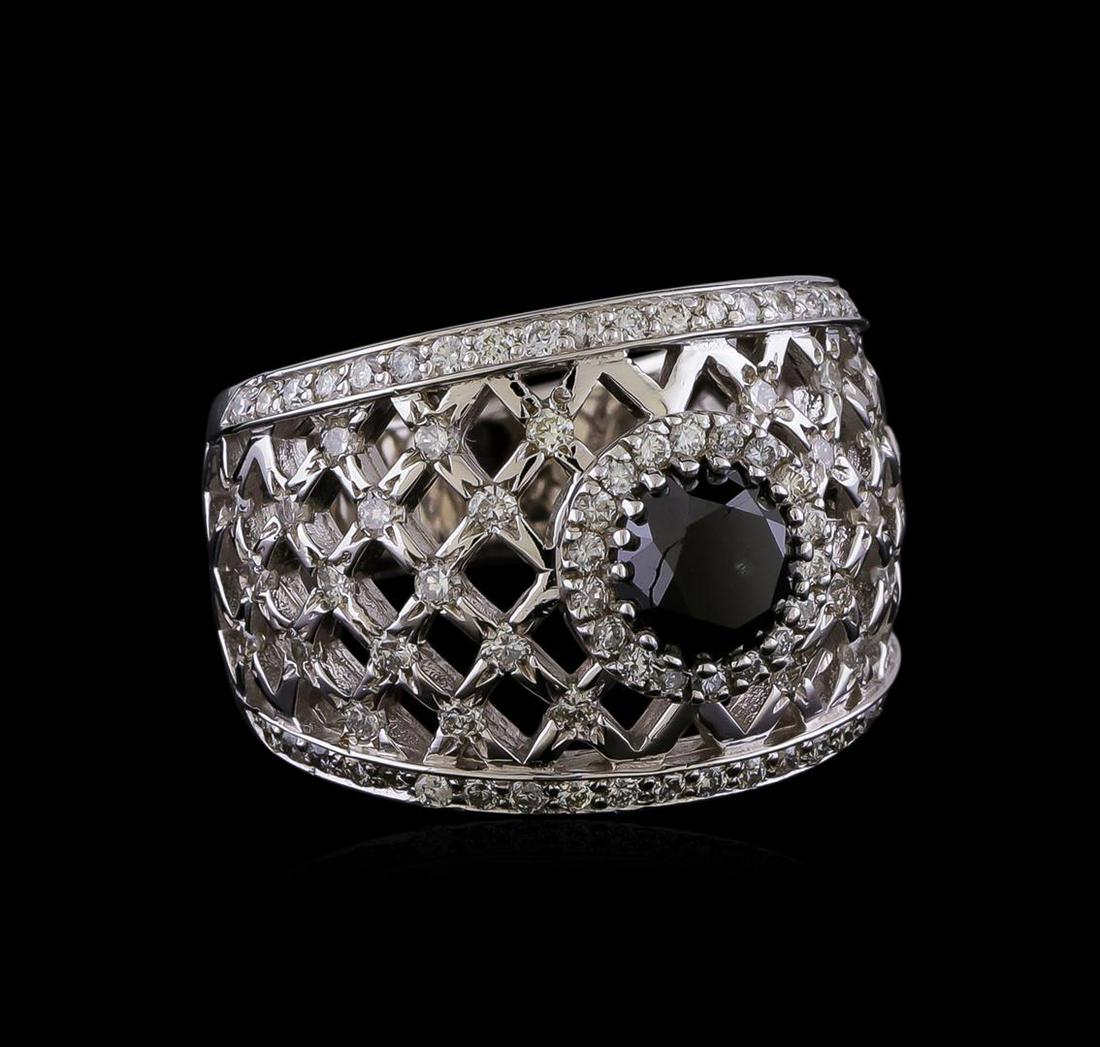 2.36 ctw Black Diamond Ring - 14KT White Gold: One electronically tested 14KT white lady's combination cast & assembled fashion ring with a wide band basket weave with a bright polish finish. The featured lady's ring has a shank measuring 5.40 mil