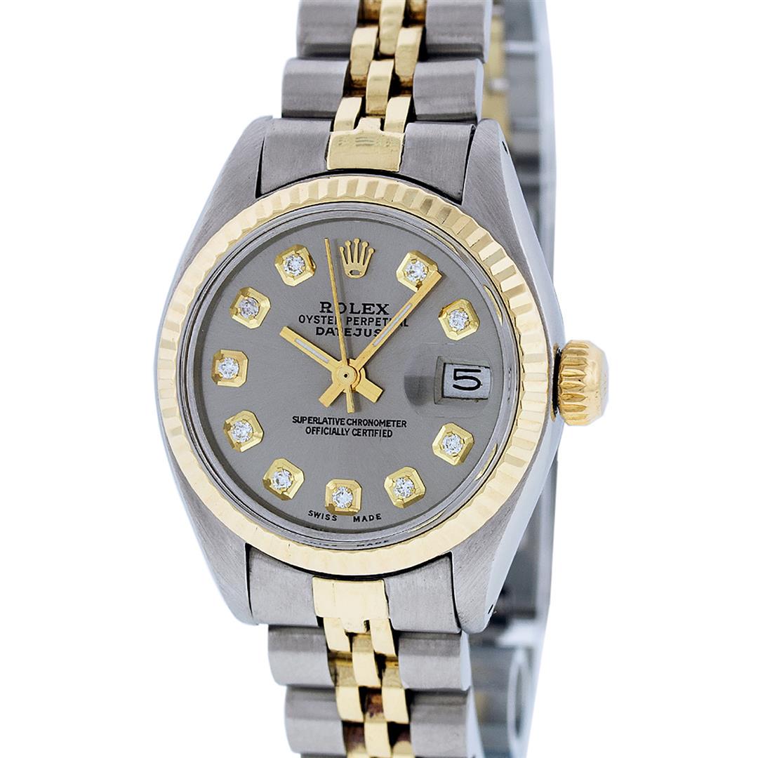 Rolex Ladies 2 Tone 14K Slate Grey Diamond 26MM: One Ladies 14K Two Tone Rolex Datejust Polished, Serviced & Electronically Tested, 14K Yellow Gold & Stainless Steel Case: 26mm, 14K Yellow Gold Crown, Bezel: 14K Yellow Gold Fluted Bezel. Custom Crys