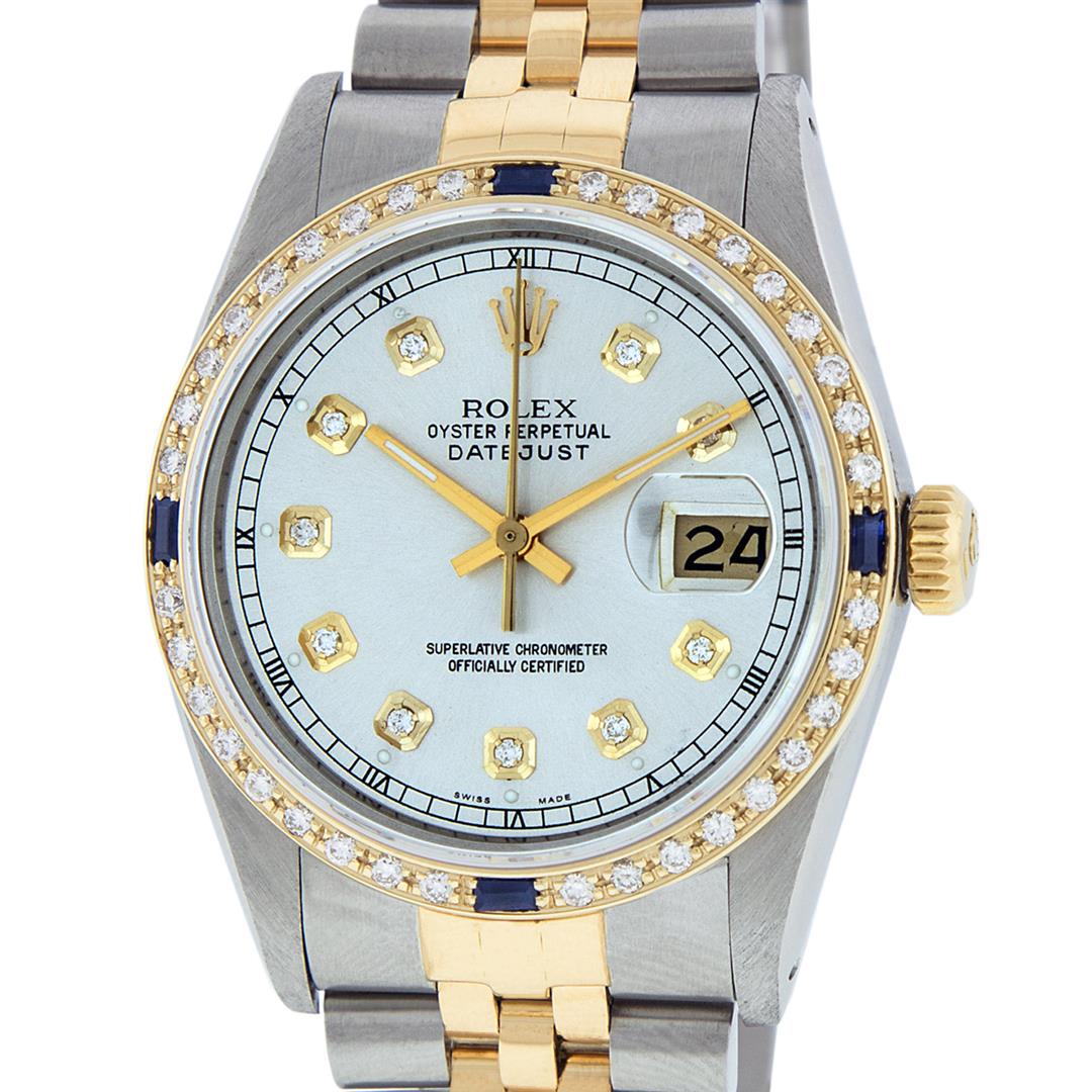 Rolex Mens 2 Tone 14K Silver & Sapphire Diamond 36MM: One Mens 14K Yellow Gold Two Tone Rolex Datejust Polished, Serviced & Electronically Tested, 14K Yellow Gold & Stainless Steel Case: 36mm, 14K Yellow Gold Crown, Custom Bezel: New 18K Yellow Gold Sapp