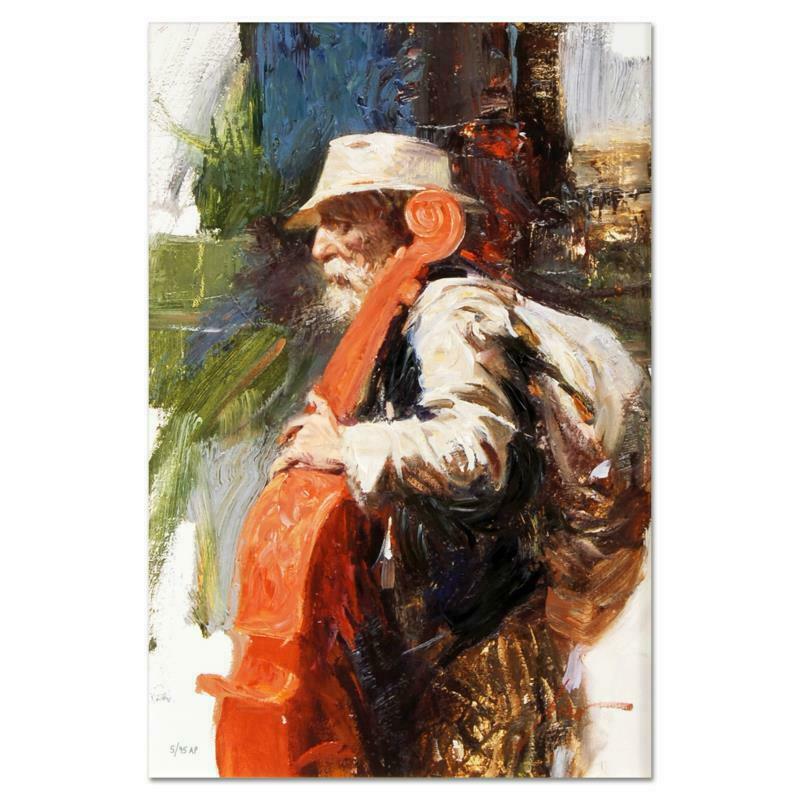 The Red Viola by Pino (1939-2010): "The Red Viola" is a limited edition giclee on stretched canvas that has been hand-embellished by Pino himself, AP Numbered and Hand signed by Pino (1939-2010). Includes Certificate of Authenticity. M